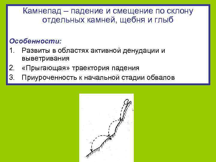 Камнепад – падение и смещение по склону отдельных камней, щебня и глыб Особенности: 1.