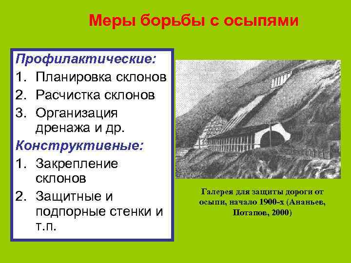 Меры борьбы с осыпями Профилактические: 1. Планировка склонов 2. Расчистка склонов 3. Организация дренажа