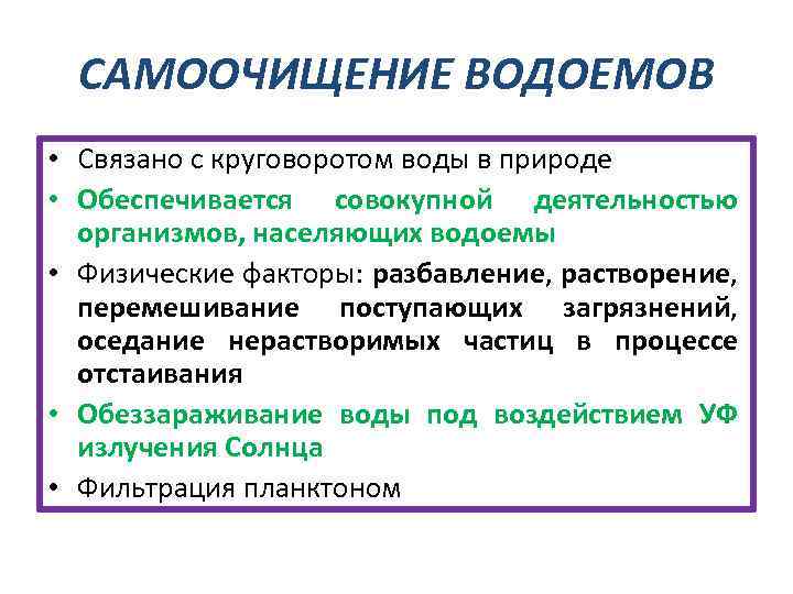 САМООЧИЩЕНИЕ ВОДОЕМОВ • Связано с круговоротом воды в природе • Обеспечивается совокупной деятельностью организмов,