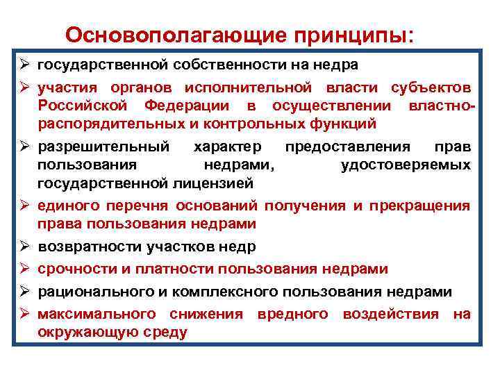 Основополагающие принципы: Ø государственной собственности на недра Ø участия органов исполнительной власти субъектов Российской