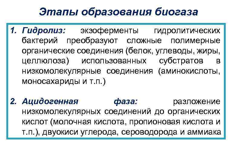 Этапы образования биогаза 1. Гидролиз: экзоферменты гидролитических бактерий преобразуют сложные полимерные органические соединения (белок,