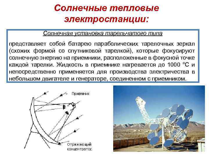 Солнечные тепловые электростанции: Солнечная установка тарельчатого типа представляет собой батарею параболических тарелочных зеркал (схожих