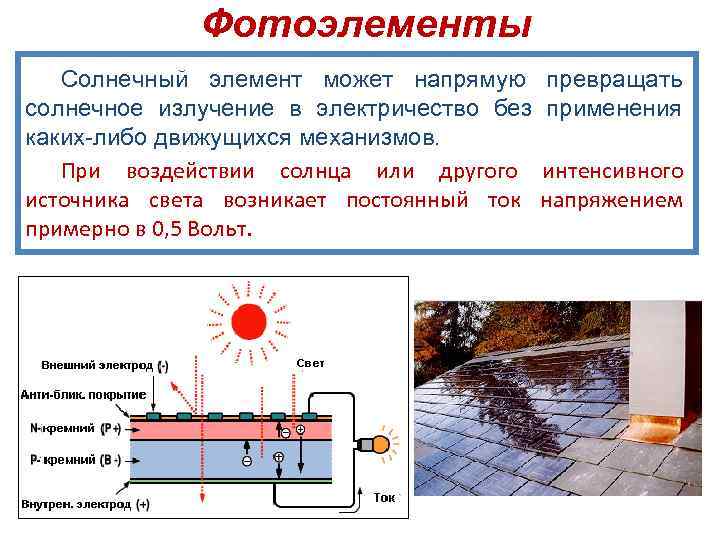 Фотоэлементы Солнечный элемент может напрямую превращать солнечное излучение в электричество без применения каких-либо движущихся