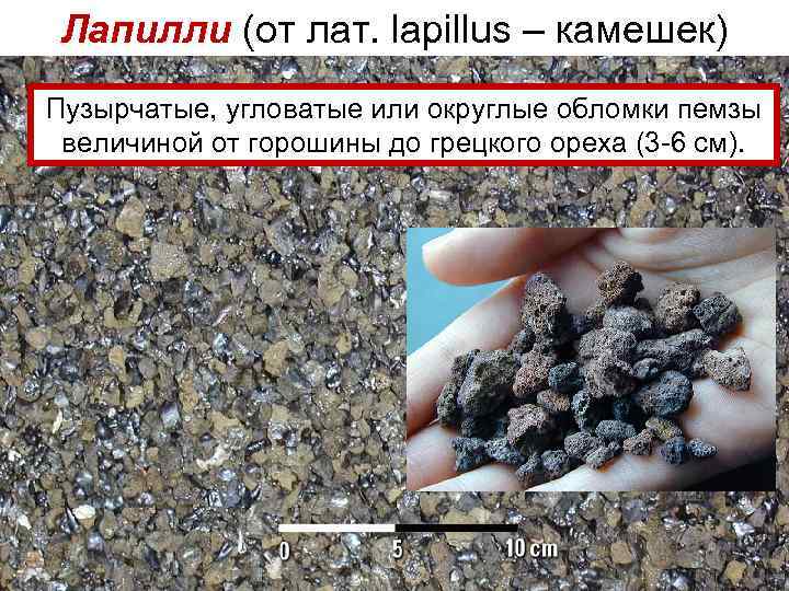 Лапилли (от лат. lapillus – камешек) Пузырчатые, угловатые или округлые обломки пемзы величиной от