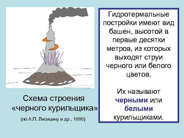 Гидротермальные постройки имеют вид башен, высотой в первые десятки метров, из которых выходят струи