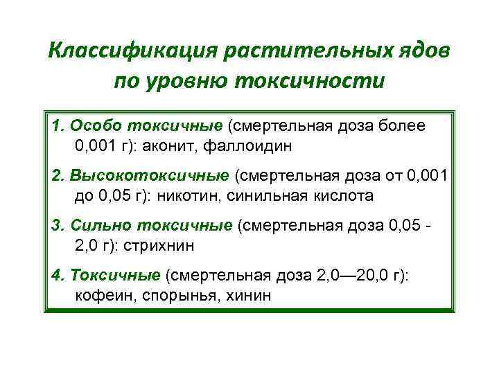 Классификация растительных ядов по уровню токсичности 1. Особо токсичные (смертельная доза более 0, 001