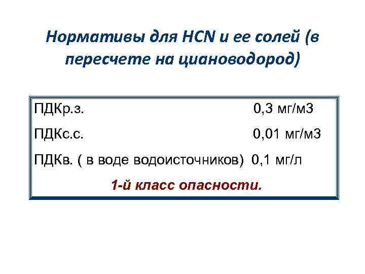 Нормативы для HCN и ее солей (в пересчете на циановодород) ПДКр. з. 0, 3