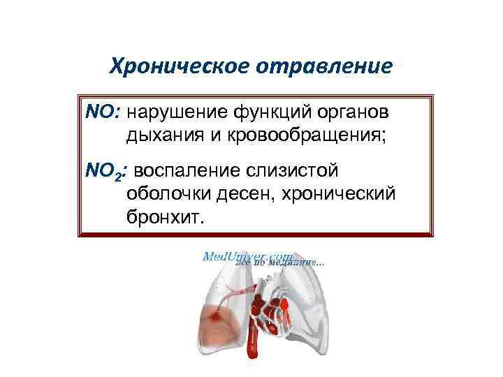 Хроническое отравление NO: нарушение функций органов дыхания и кровообращения; NO 2: воспаление слизистой оболочки