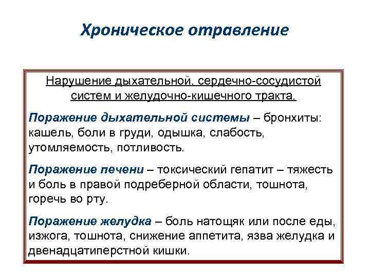 Хроническое отравление Нарушение дыхательной, сердечно-сосудистой систем и желудочно-кишечного тракта. Поражение дыхательной системы – бронхиты: