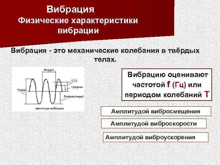 Вибрация Физические характеристики вибрации Вибрация - это механические колебания в твёрдых телах. Вибрацию оценивают