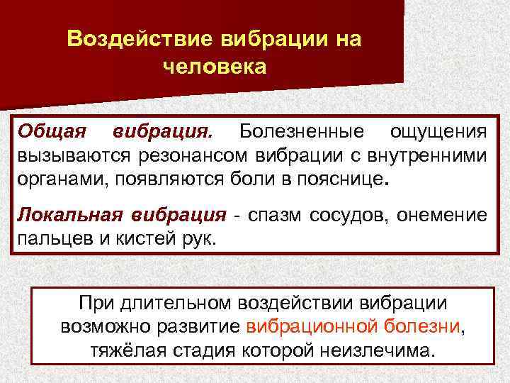 Воздействие вибрации на человека Общая вибрация. Болезненные ощущения вызываются резонансом вибрации с внутренними органами,