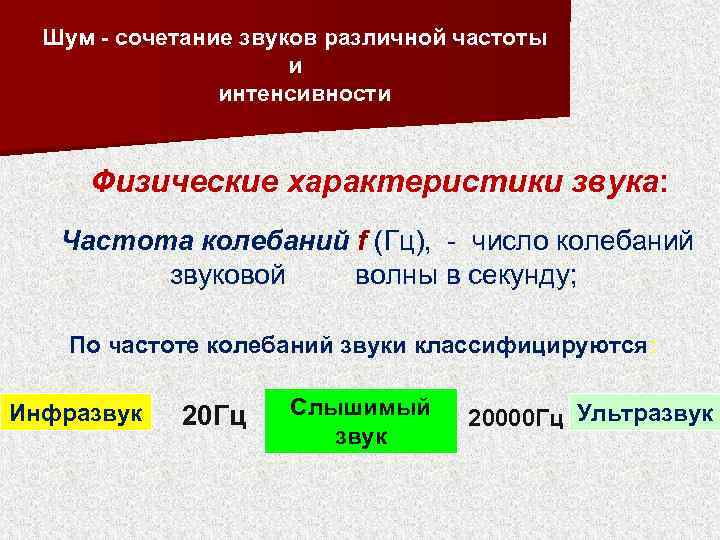 Шум - сочетание звуков различной частоты и интенсивности Физические характеристики звука: Частота колебаний f