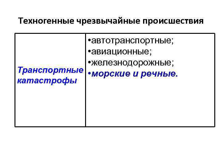 Техногенные чрезвычайные происшествия • автотранспортные; • авиационные; • железнодорожные; Транспортные • морские и речные.