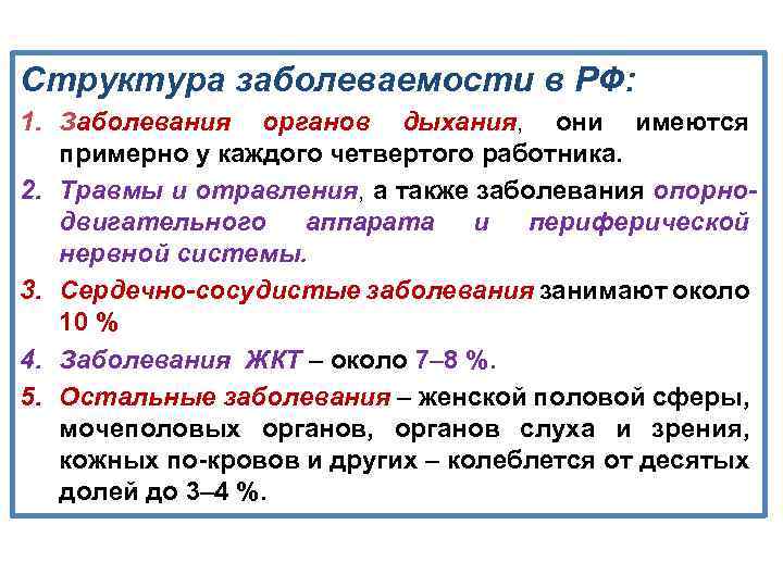 Структура заболеваемости в РФ: 1. Заболевания органов дыхания, они имеются примерно у каждого четвертого