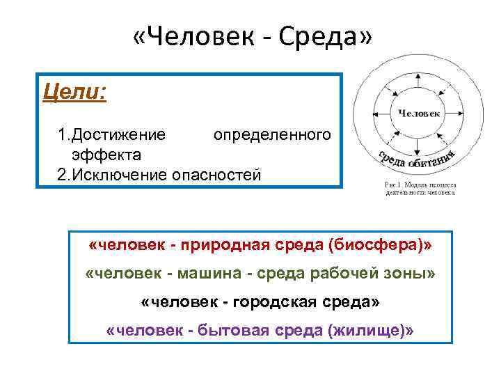  «Человек - Среда» Цели: 1. Достижение определенного эффекта 2. Исключение опасностей «человек -