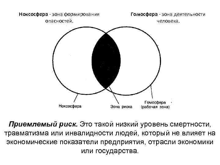 Ноксосфера - зона формирования опасностей. Гомосфера - зона деятельности человека. Приемлемый риск. Это такой