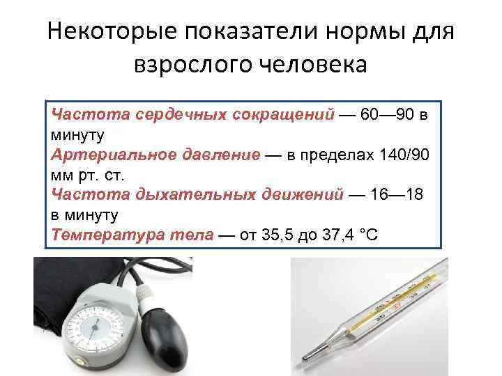 Некоторые показатели нормы для взрослого человека Частота сердечных сокращений — 60— 90 в минуту