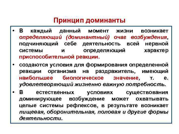 Принцип доминанты • В каждый данный момент жизни возникает определяющий (доминантный) очаг возбуждения, подчиняющий