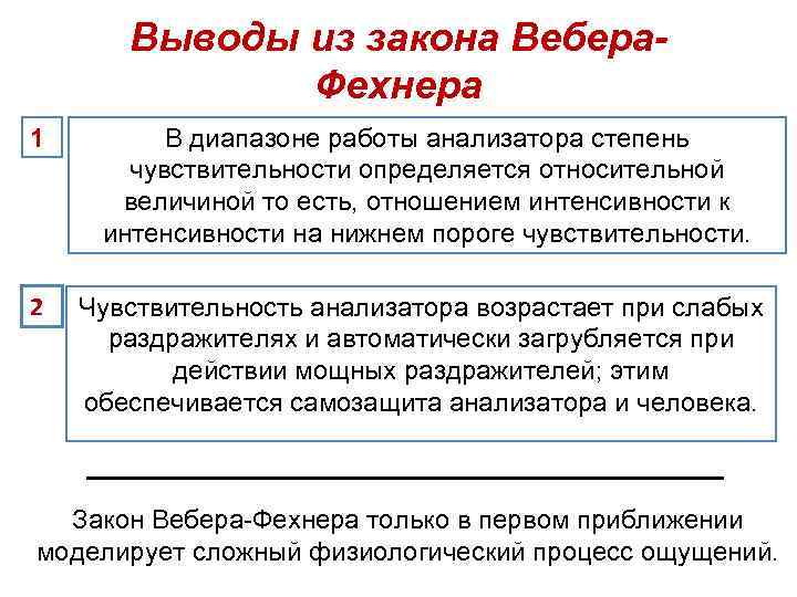Выводы из закона Вебера. Фехнера 1 В диапазоне работы анализатора степень чувствительности определяется относительной