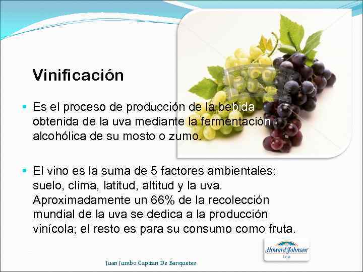 Vinificación § Es el proceso de producción de la bebida obtenida de la uva