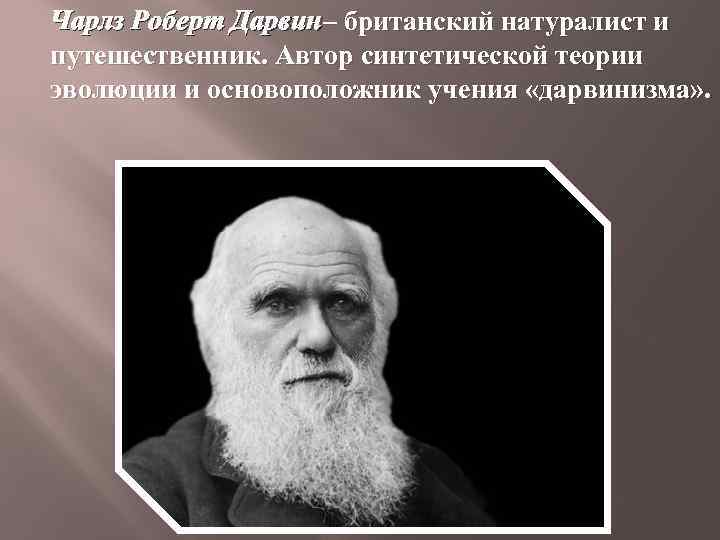 Чарлз Роберт Дарвин– британский натуралист и путешественник. Автор синтетической теории эволюции и основоположник учения