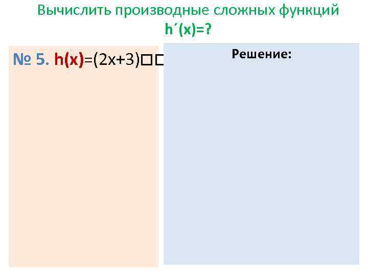 Вычислить производные сложных функций h´(х)=? № 5. h(x)=(2 х+3) Решение: 