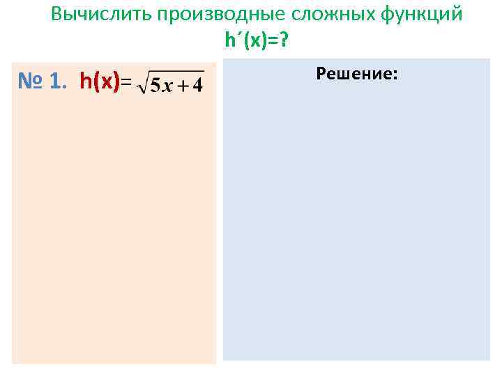 Вычислить производные сложных функций h´(х)=? № 1. h(x)= Решение: 