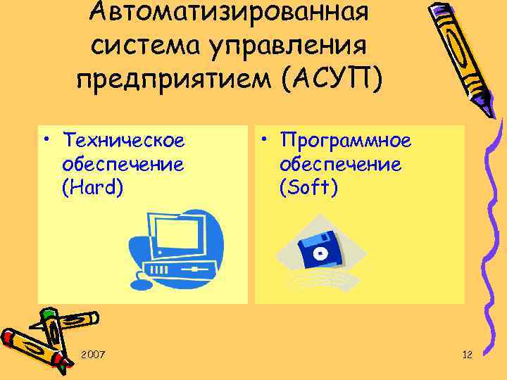 Автоматизированная система управления предприятием (АСУП) • Техническое обеспечение (Hard) 2007 • Программное обеспечение (Soft)