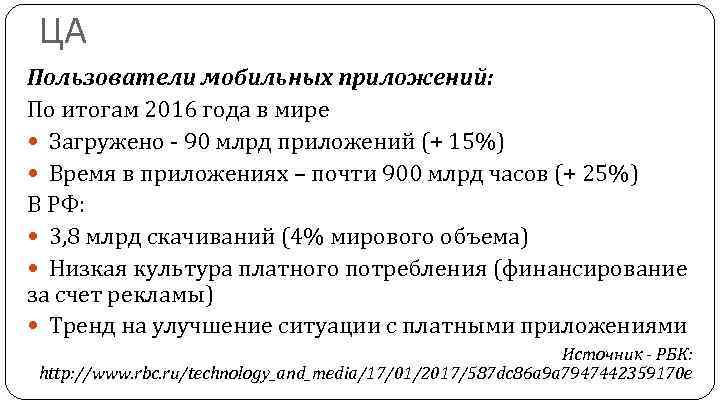 ЦА Пользователи мобильных приложений: По итогам 2016 года в мире Загружено - 90 млрд