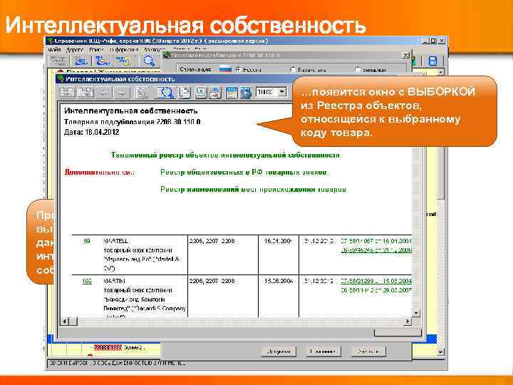 Интеллектуальная собственность …появится …в Справке по товару, в окно с ВЫБОРКОЙ из Реестра объектов,