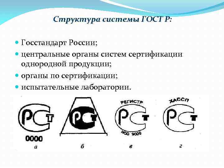 Структура системы ГОСТ Р: Госстандарт России; центральные органы систем сертификации однородной продукции; органы по