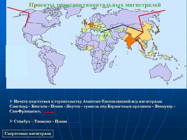 Проекты трансконтинентальных магистралей Ø Начата подготовка к строительству Азиатско-Тихоокеанской ж/д магистрали: Сингапур - Бангкок