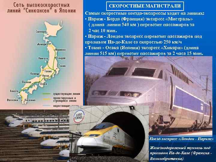 СКОРОСТНЫЕ МАГИСТРАЛИ Самые скоростные поезда-экспрессы ходят на линиях: • Париж - Бордо (Франция) экспресс