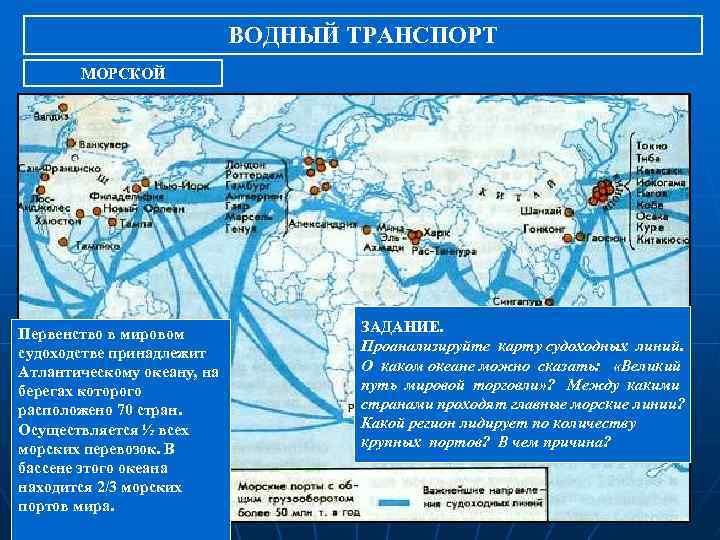 ВОДНЫЙ ТРАНСПОРТ МОРСКОЙ Первенство в мировом судоходстве принадлежит Атлантическому океану, на берегах которого расположено