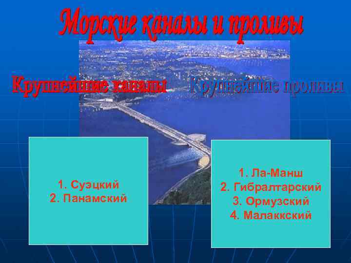 1. Суэцкий 2. Панамский 1. Ла-Манш 2. Гибралтарский 3. Ормузский 4. Малаккский 