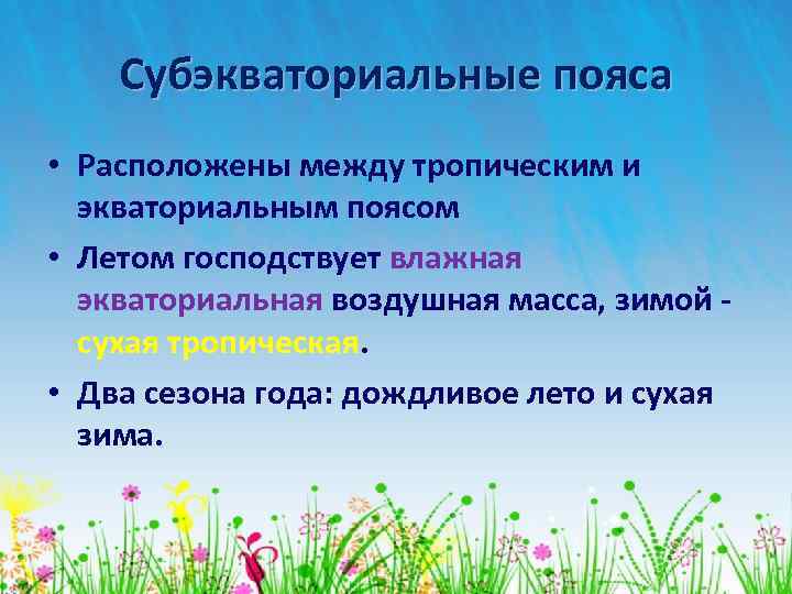 Субэкваториальные пояса • Расположены между тропическим и экваториальным поясом • Летом господствует влажная экваториальная