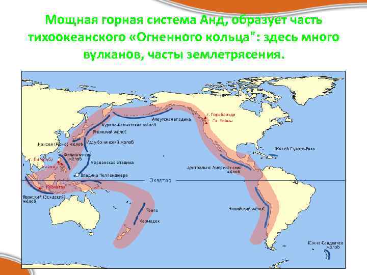 Мощная горная система Анд, образует часть тихоокеанского «Огненного кольца