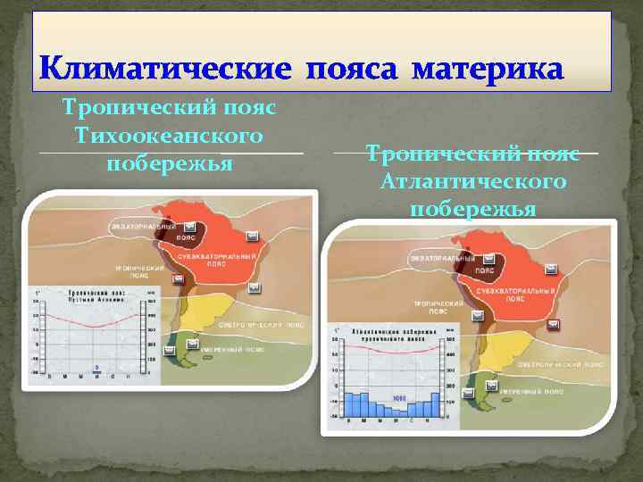 Климатические пояса материка Тропический пояс Тихоокеанского побережья Тропический пояс Атлантического побережья 