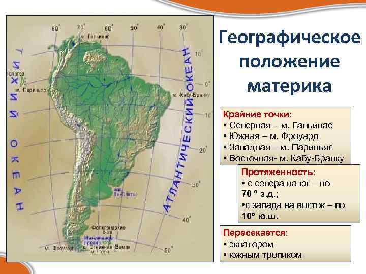 Географическое положение материка Крайние точки: • Северная – м. Гальинас • Южная – м.