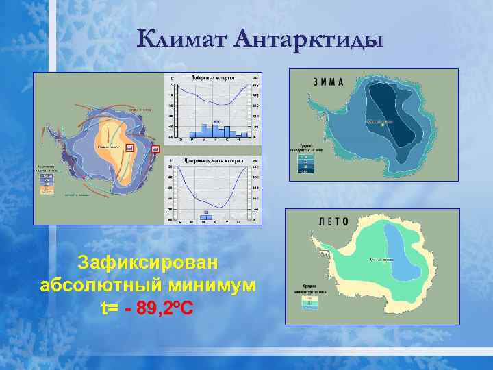 Климат Антарктиды Зафиксирован абсолютный минимум t= - 89, 2ºС 