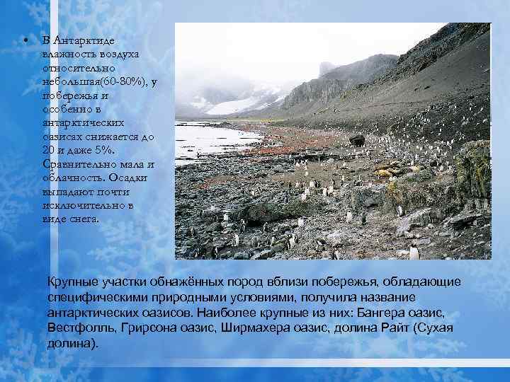  • В Антарктиде влажность воздуха относительно небольшая(60 -80%), у побережья и особенно в