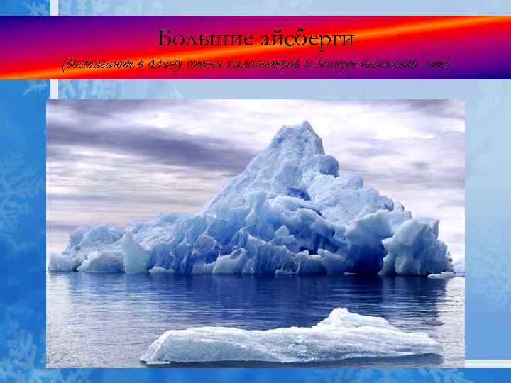 Большие айсберги (достигают в длину сотни километров и живут несколько лет) 