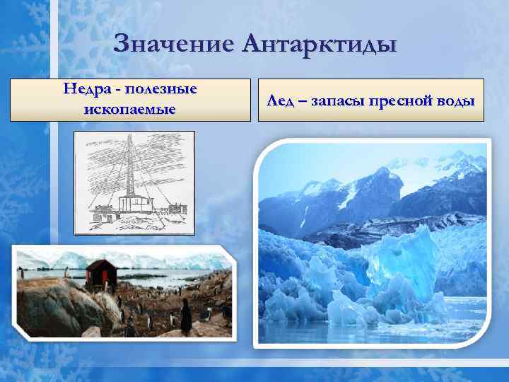 Значение Антарктиды Недра - полезные ископаемые Лед – запасы пресной воды 