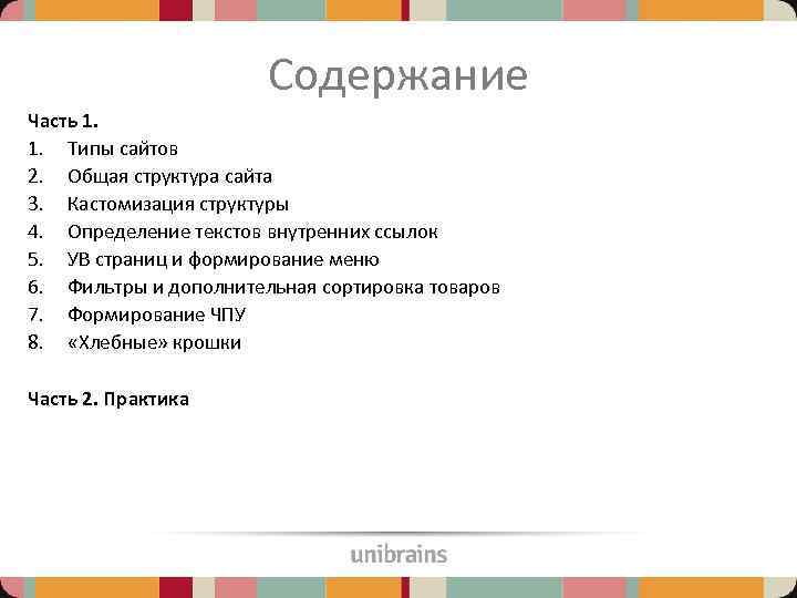 Содержание Часть 1. 1. Типы сайтов 2. Общая структура сайта 3. Кастомизация структуры 4.