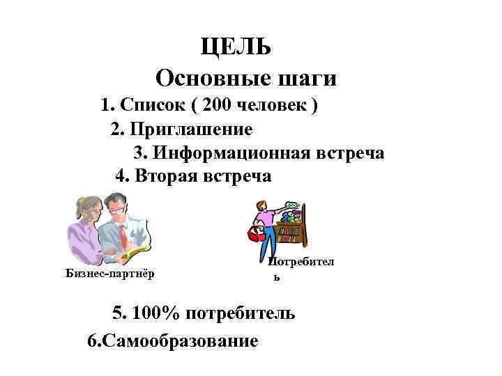 ЦЕЛЬ Основные шаги 1. Список ( 200 человек ) 2. Приглашение 3. Информационная встреча