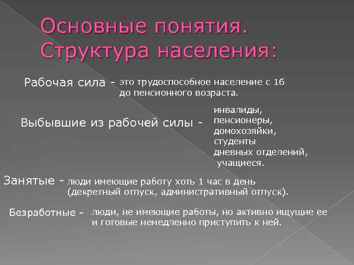 Рабочая сила страны. Выбывшие из состава рабочей силы это. Выбавшме из рабочей силы. Состав рабочей силы. Основные понятия структура населения.