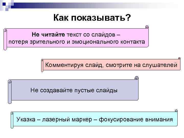 Как показывать? Не читайте текст со слайдов – потеря зрительного и эмоционального контакта Комментируя