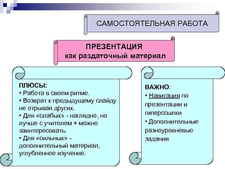 САМОСТОЯТЕЛЬНАЯ РАБОТА ПРЕЗЕНТАЦИЯ как раздаточный материал ПЛЮСЫ: • Работа в своем ритме. • Возврат