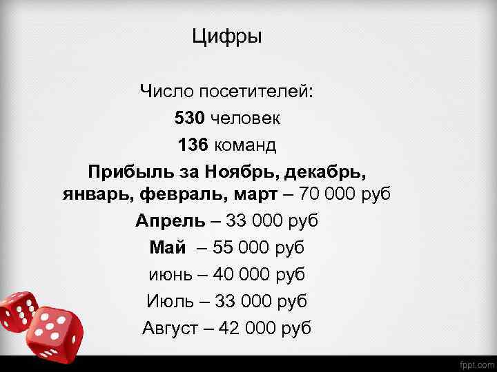 Цифры Число посетителей: 530 человек 136 команд Прибыль за Ноябрь, декабрь, январь, февраль, март