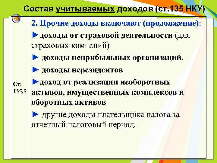 Состав учитываемых доходов (ст. 135 НКУ) Ст. 135. 5 2. Прочие доходы включают (продолжение):